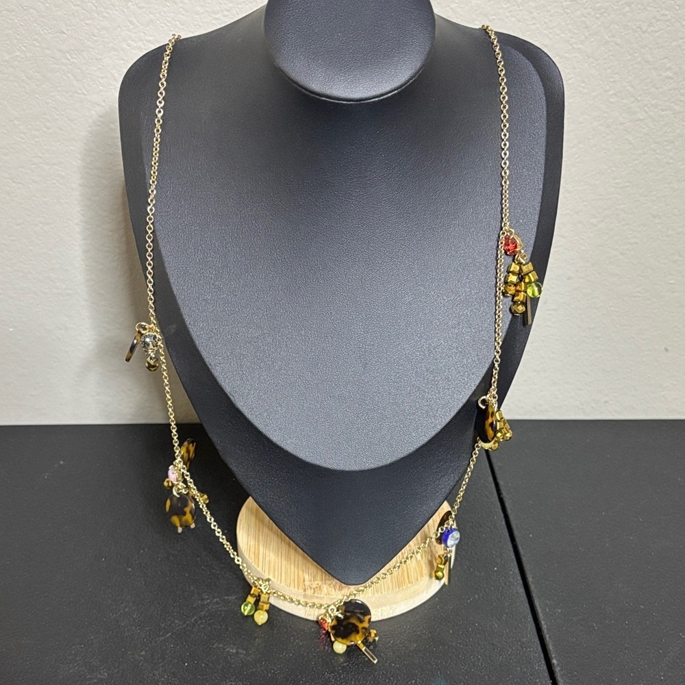 Signed J Crew Gold Tone Dangle Faux Tortoise & Colored Rhinestones Necklace